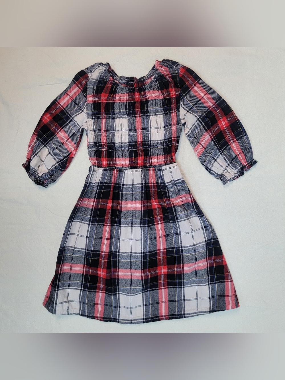 Old Navy Girls Plaid Dress in Red, Black & White Flannel, Smock Bodice, Size 8